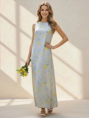 R&K Originals Floral Maxi Dress Size 8 NWT High Neck Sleeveless Grey Yellow 48"